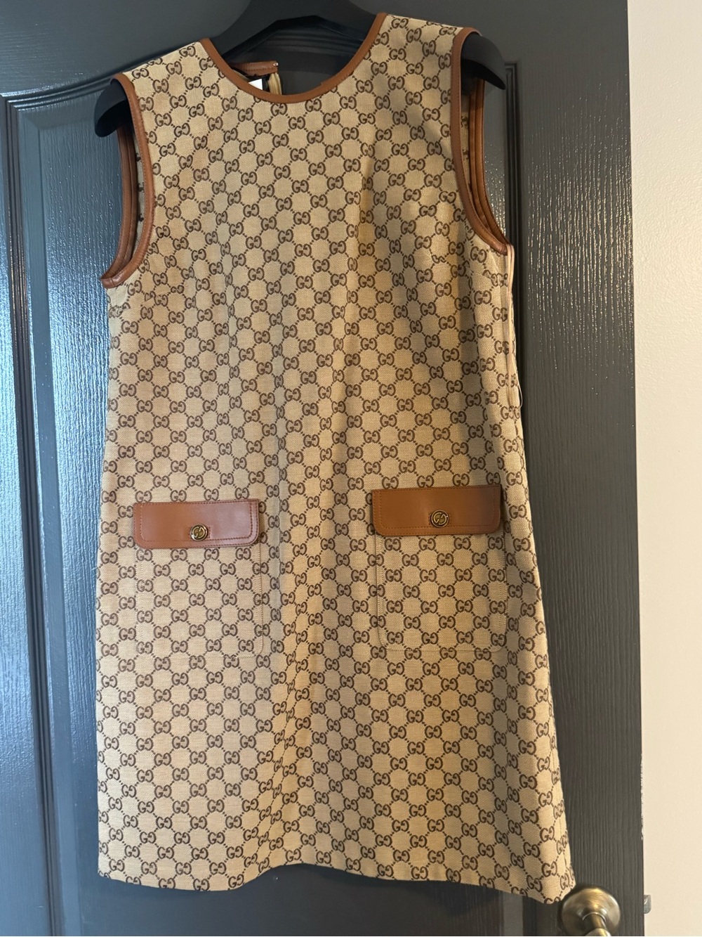 Gucci Beige Logo-Print Sleeveless Women’s Dress with Brown Trim